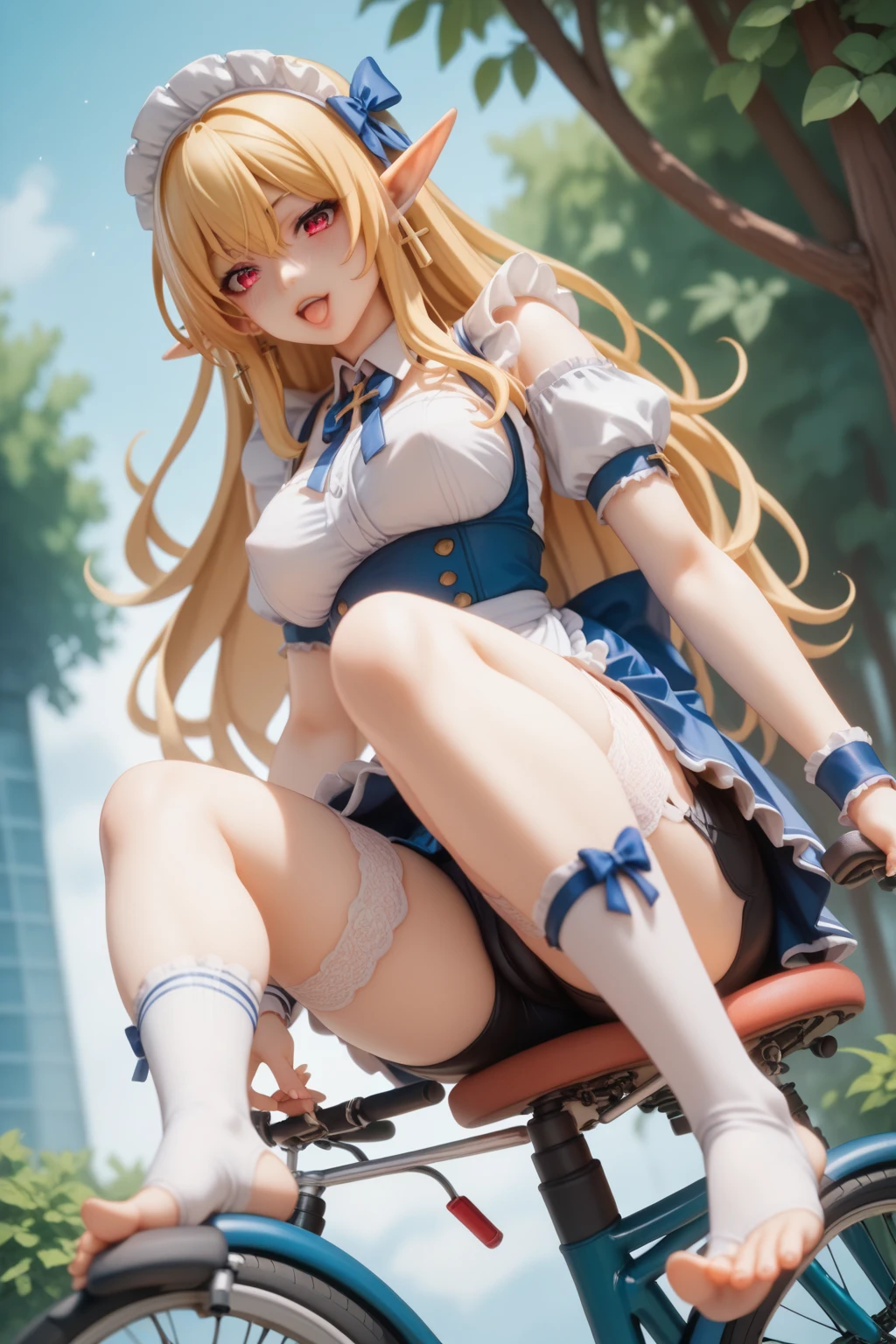 score_9,score_8_up,score_7_up,score_6_up,score_5_up,score_4_up,
<lora:genshin_pony_v2:0.8>,1girl,kirara_\(genshin_impact\),cat_tail,cat_ears,detached_sleeves,two_tails,cat_girl,hairclip,bare_shoulders,crop_top,midriff,navel,long_sleeves,nekomata,sidelocks,:d,black_choker,stomach,paw_pose,thighs,:3,one_eye_closed,black_shirt,cardboard_box,blue_skirt,
no shoes,solo,feet,thighhighs,foot focus,soles,toes,sitting,white thighhighs,looking at viewer,indoors,foreshortening,blurry background,blurry,nail polish,on desk,bow,holding,desk,parted lips,legs,dutch angle,school desk,panties,blush,hand up,from below,bowtie,twintails,foot up,presenting foot,