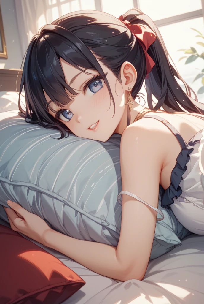Beautiful, masutepiece, Best Quality, ultra-detailliert, 1 adult woman, on the bed, on side, Pregnant, frilly dress, Long hair, twin drills, Black hair, Hair Ribbon, huge breasts, sleeping, Closed eyes, lying.