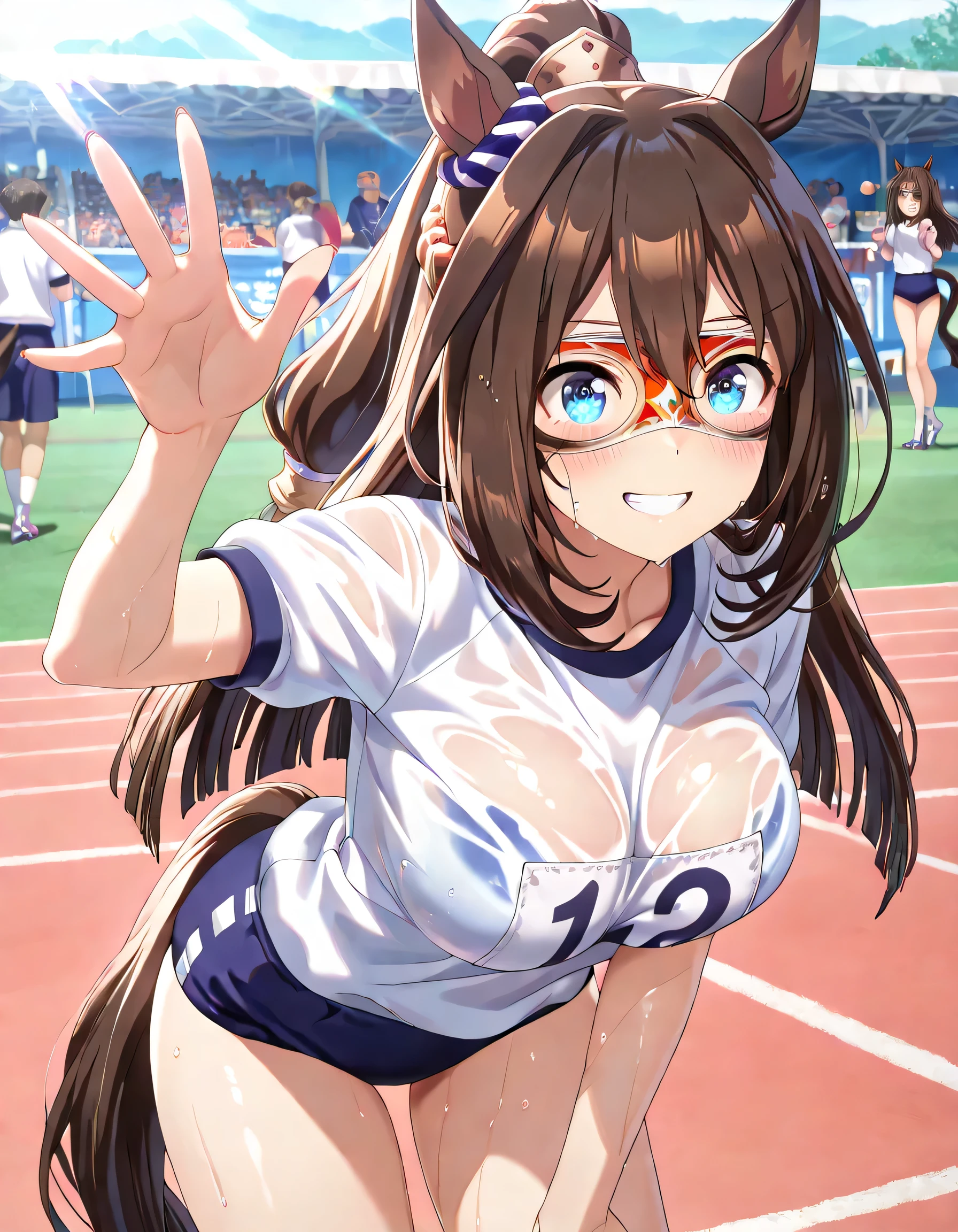 ((ultra-detailed)), (highly detailed CG illustration), (best quality:1.2), ultra-highly detailed, colorful composition, artistic photoshoot, 1girl, solo focus, thigh to top:1.2, cowboy shot:1.2, moe anime character, round face, rounded chin:1.2, short height, el condor pasa, \(umamusume\), horse ears, horse tail, long hair, bangs, brown hair, ponytail, blue eyes red mask, red domino mask, ample breasts, Confederate flag pattern bikini top:1.3, navy blue school gym buruma, sweat:1.2, wet clothes:1.2, smile:1.3, blush:1.3, reached arm, Standing at the racetrackl:1.3, from behind:1.4, back shot:1.4, turn around:1.4, bent over, dynamic pose, contrapposto pose:1.3, best quality, expecting, pink cheek, blush, light pink gloss slip, portrait, depth of field, sparkling sunlight, lighting, backlighting, shine, lighting, caustics, ray tracing, perfect face, lustrous skin, highly detailed face, highly detailed eyes, perfect face, perfect nose, perfect hair, perfect eyes, perfect anatomy, beautiful hair, beautiful small face, extremely detailed face, beautiful detailed eyes, beautiful clavicle, beautiful body, beautiful ample breasts, leavage, breasts squeezed together, equalize the size of the left and right breasts, beautiful thin thighs, beautiful legs, beautiful fingers, (4 fingers), 1 thumb, lovely, (very detailed background:1.0), (highly detailed background:1.0), summer aesthetic, intricate details, festival atmosphere, summer colors palette, chromatic aberration