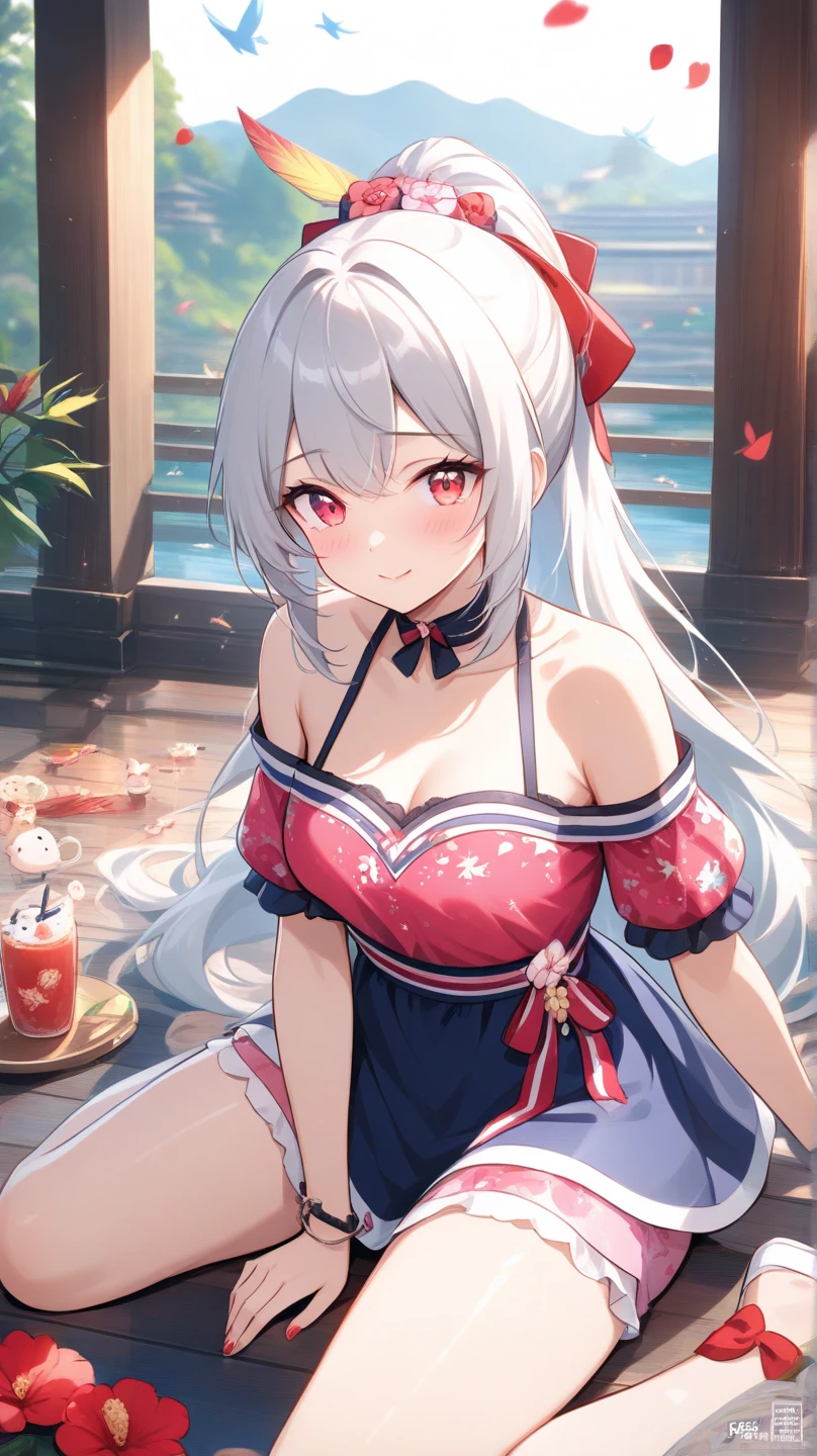 Masterpiece, best quality, tomoe gozen, torino style, 1person, red eyes, cute smile, hair between eyes, silver hair, very long hair, oni horns, looking at viewer, open blouse, small cleavage, short sleeves, skirt