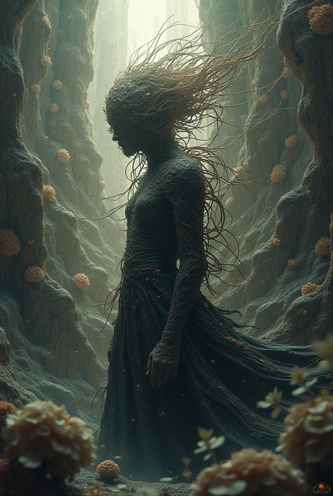 eight cups of liquor on the floor, a woman with her back turned with a cane leaves the scene, mountains, moon with eyes,
(art inspired by Brian Froud and Carne Griffiths and Wadim Kashin, intricate details, oil painting)