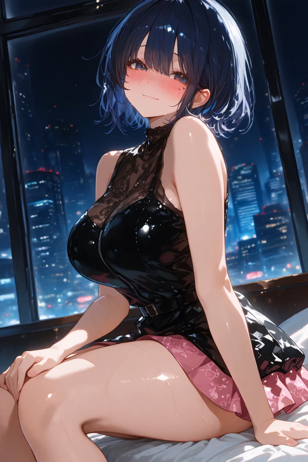 Intricate details, low angle, 1 female, Fubuki, sexy face, longer face, short black hair, fully lidded eyes, green eyes, puckered lips, no lipstick, fishnet mini dress, waist black stockings, black skirt, l necklace, sitting on lounge chair, night, detailed city background, futuristic city, penthouse, Tokyo, neon lights, thick thighs