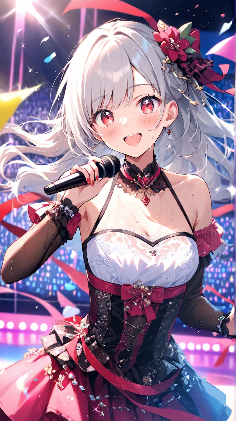 Highly detailed face,fine grain,Highlighted eyes, medium breasts ,pretty girl, smile shyly,Cat ear,Beautiful silver hair,Pink inside,Beautiful pink eyes,shiny skin,
dress scene, looking the viewer,
Represent idol in bright colors, Represent idol dress in colorful colors, Represent idol's singing voice in warm colors