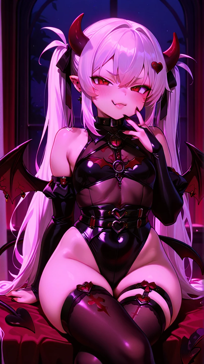 facing front, pink pony girl, fangs, red eyes, white irises, white hair, bat wings, succubus tail