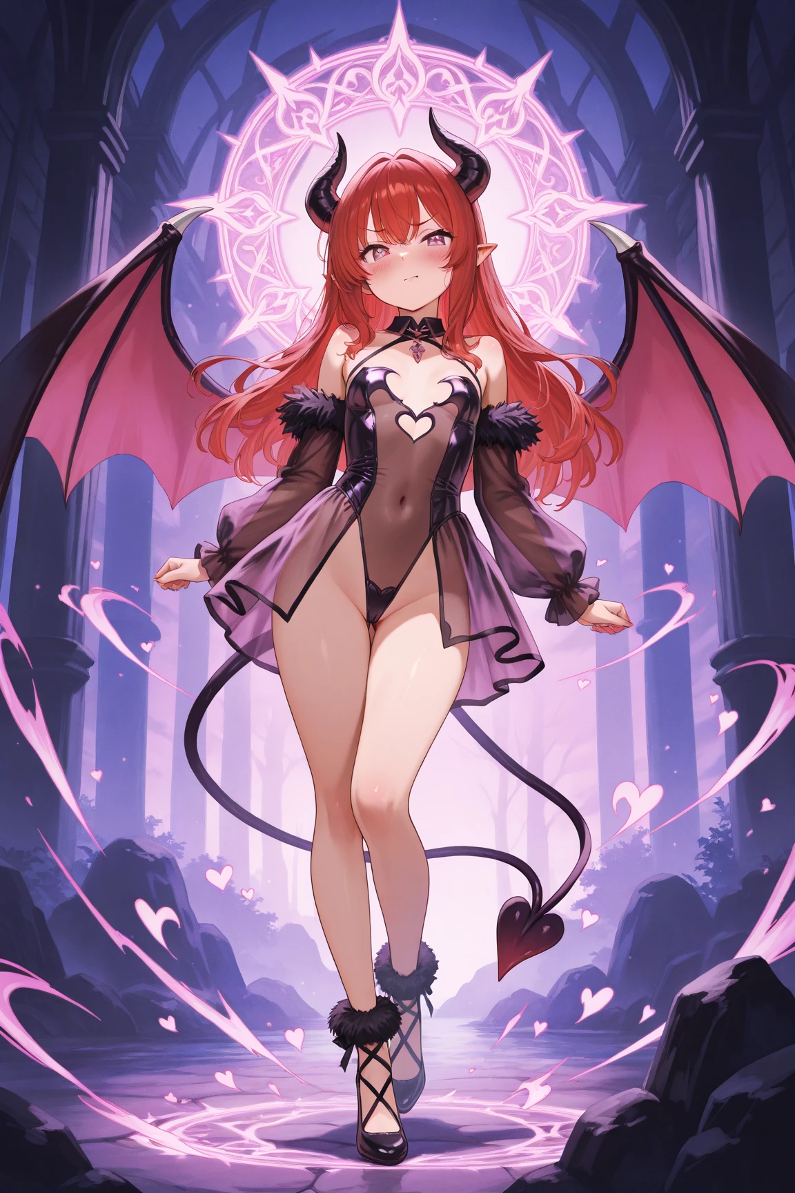 full body image of an anime style girl, the girl has a very thin body, the girl is flat, the girl has long legs, the girl has white skin, the girl is slightly blushing, the girl has red ears shaped like bat wings, the girl has purple hair, the girl&#39;s hair is short, the girl&#39;s hair reaches her shoulders, the girl wears a tight red latex suit, the girl has a thin black demon tail, At the tip of the girl&#39;s tail there is a black arrow, the girl is standing, the girl is posing provocatively, the girl is squinting slightly, the girl&#39;s eyes are bright red, the girl is smiling, the girl has bat wings full of spikes on her back, the girl&#39;s expression is provocative, The background of the image is a garden at night with night lights,