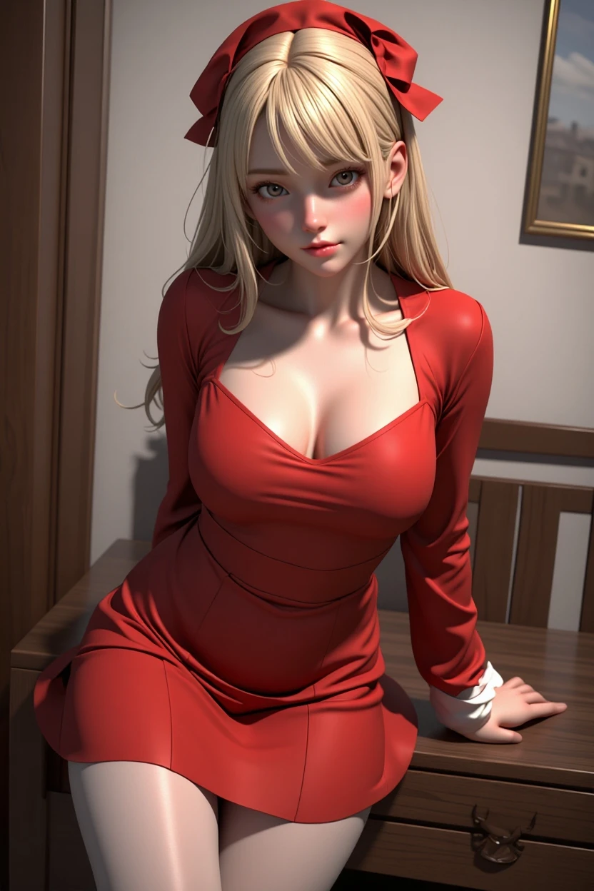 (masterpiece, best quality), 1girl, blonde hair, red dress, pantyhose, cute face, blush,