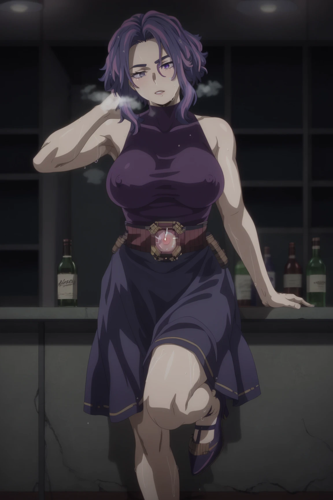 Selfie shot, detailed face, upper body view, detailed body, 4k, Sumergai Lee Noriega, best quality, anime style, hires, highest definition, digital blending, bold drawing lines, ((), (slender body), mature woman, (female wrestler, purple dress), cheerful, gorgeous, smile, (closed mouth), (pale skin, shiny skin, lighting and shadow), (cleavage), (clean face), (warming up), closed fists, (purple hair, curly hair, short hair), 27 years old, sexy, armpits, sweaty armpits, cleavage