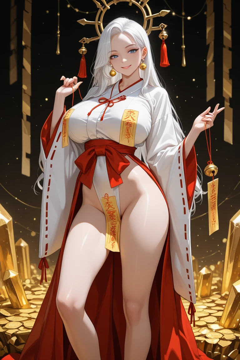NSFW、blacklight、Real Art、very delicate and beautiful mature inugami milf、ultra-definition、1 milf、white dog ears,white  hair、Anthropomorphic muscular dog god、Brave、Beautiful smile、Japanese red and white shrine maiden costume,(((The Monster、Mooki、Maniacal))Glowing golden eyes、planktonic、Detailed light、hallucination、Dynamic angles、depth of fields、(((((A MILF))))、Anthropomorphic Inugami Queen、long white hair、Show me your fangs、Super beauty、(超A)hight resolution、Top image quality)、(8K、RAW Photography、Top image quality、​masterpiece)、technological sense、Top image quality、​masterpiece、footage、CG、A sense of unity、wall-paper、offcial art、finely detail、Extremely delicate and beautiful、Attention to detail、Focused、rich background、(Real people、image)、((High definition skin))Vicious face、Write、Golden eyes、Big smile、tusk、Golden pupil,beautiful expression,constricted female body、Inugami mature woman from another world、8K、sharp long nails、White tail、A sexy、red sacred magatama collar、(golden precision decoration)attractive bodies、slim and muscular female body、Entice your audience、big fangs from the mouth、Vermilion painted shrine,超A high resolution,A hyper-realistic,Priestess costume,Red and White Priestess Costume,Wide open chest,Beautiful white bare skin,Shrine of Japan,Japanese shrine maiden&#39;s top and bottom costumes,Canine ears,traditional Japanese kimono,Shrine maiden costume with little exposure,AS-Adult,