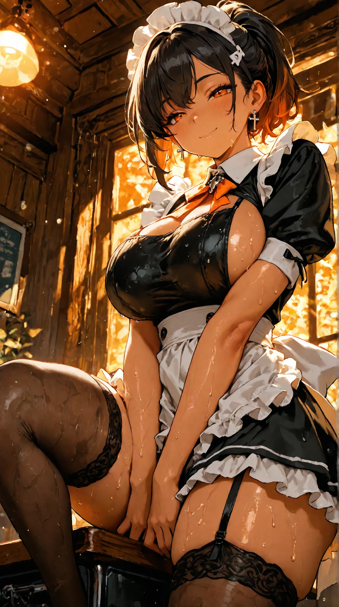 （Background with：ponds，Cherry blossom forest，lotus flower）Lie underwater， She has short black hair，seen from the front，， mostly cloudy sky，（（（tmasterpiece），（Very detailed CG unity 8K wallpaper），best qualtiy，cinmatic lighting，detailed back ground，beatiful detailed eyes，Bright pupils，Black eyes，Snow-whiteskin，Redlip（Very fine and beautiful），（Beautiful and detailed eye description），ultra - detailed，tmasterpiece，））facing at camera，A high resolution，ultra - detailed），revealing breasts，Bare genitalia，  Bulge，legs are open，Raised sexy，Camel toes，Desire for dissatisfaction，frontage，（Wearing：，Transparent maid outfit，Bare ，Puffy skirt，aprons）
