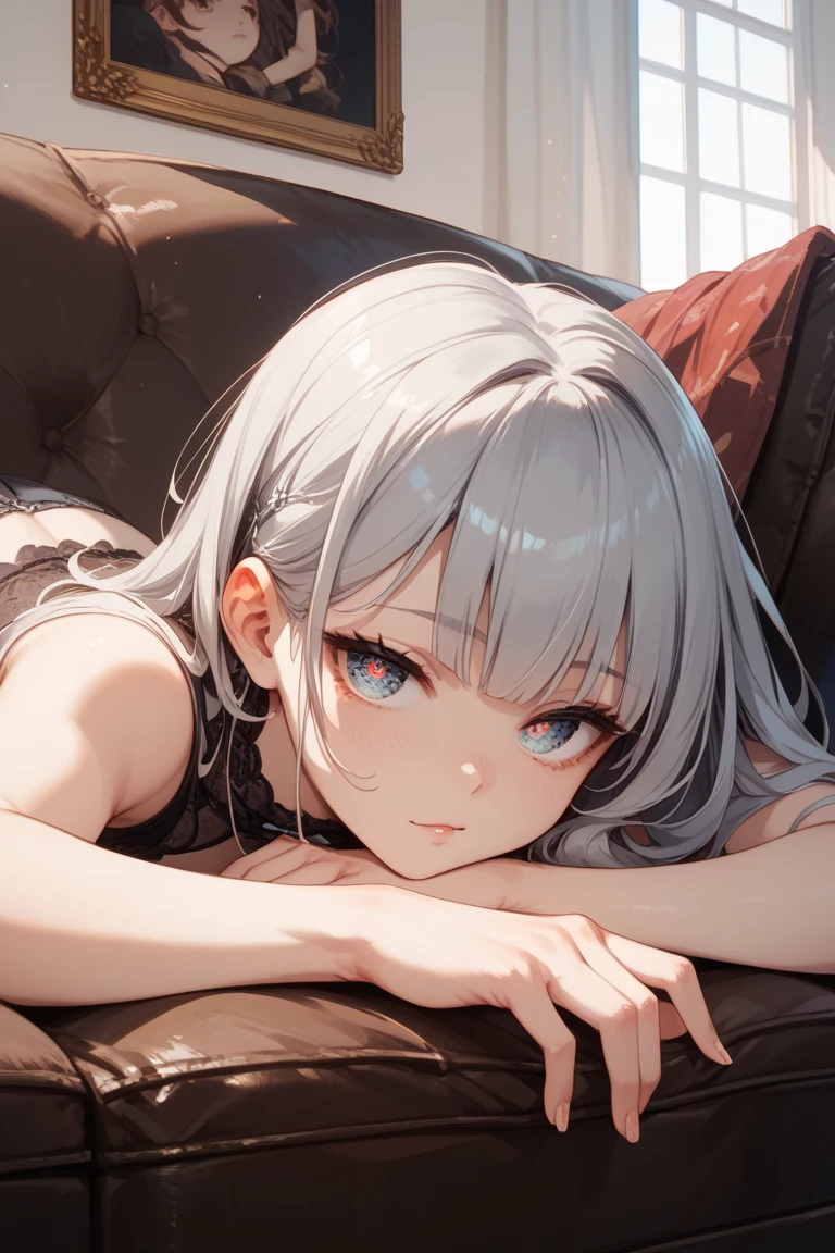 solo、1girl、full-body portraits、sleeveless、sitting down、White-colored skin，Large Breasts