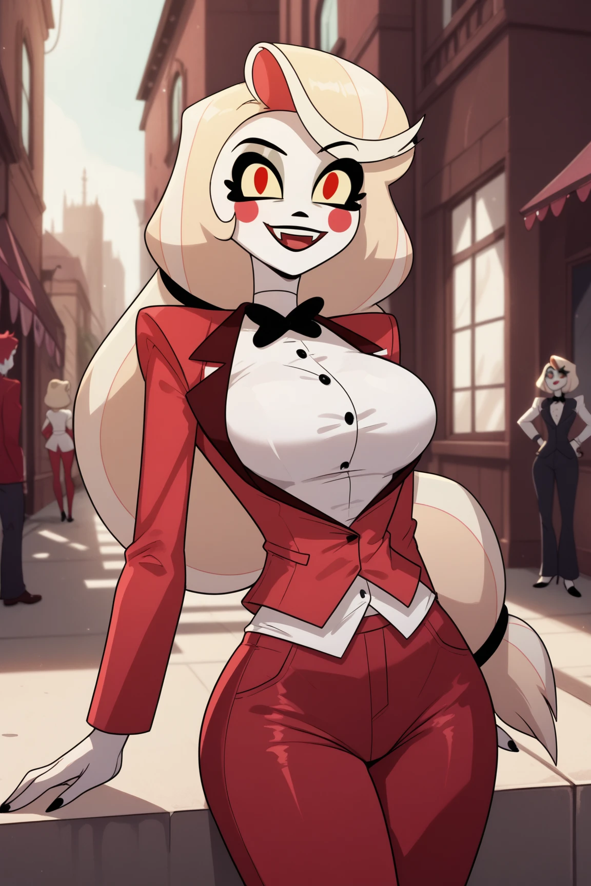 Charlie Morningstar /(Hazbin Hotel)/, big breasts, in a room, playboy bunny costume, smile, sexy