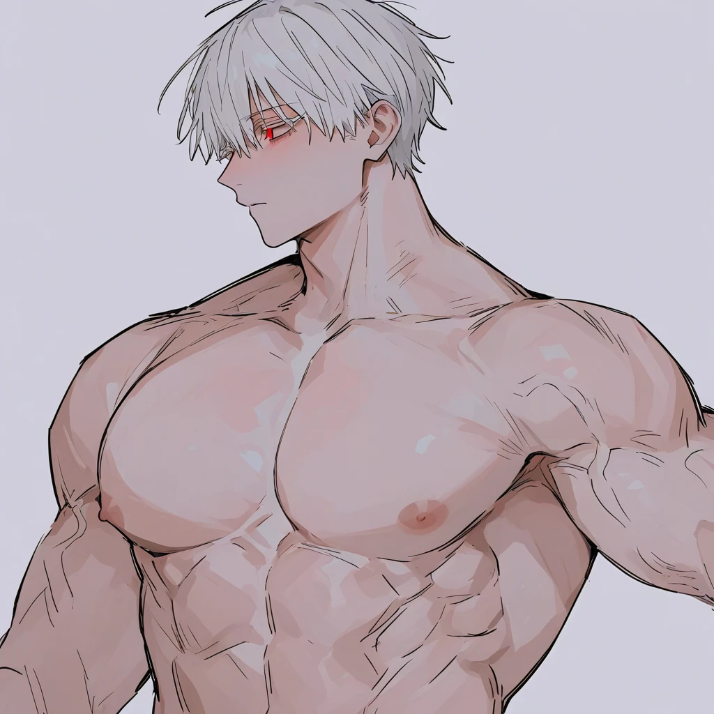 1 male, handsome Japanese male model, high resolution 4k, adult, perfect face, detailed eyes and face, muscular, white eyebrow hair, white eyelashes, Naked torso, Detailed face, perfect face, real skin texture, detail Perfect hand, details, Real and complete hand details, unreal engine, hd picture, satoru gojo, Jujutsu kaisen, white hair, short hair ,hair between eyes ,blue eyes, white skin, Rabbit ears