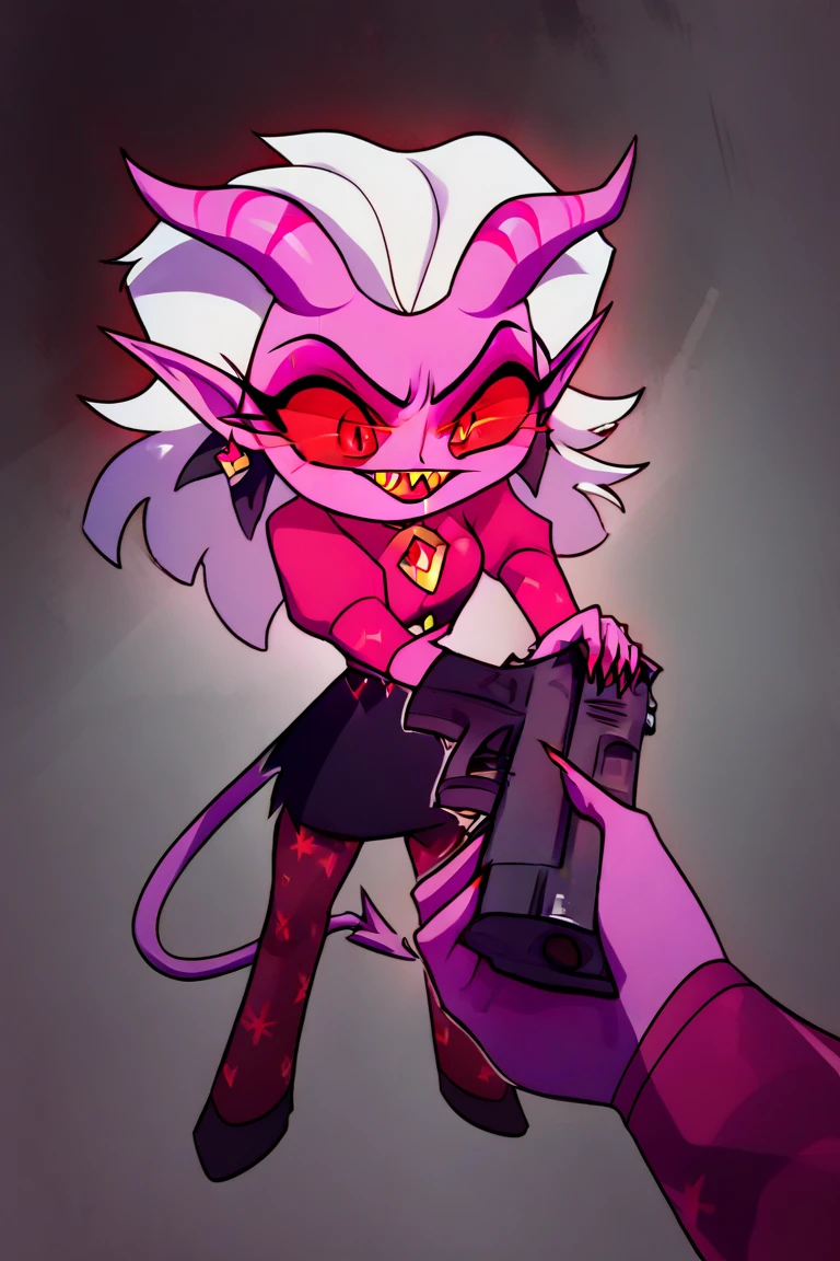 holding gun,Go do a crime,MayberryDemon, 1girl, demon, colored sclera, colored skin, pointy ears, horns, sharp teeth, red eyes, white hair, pink skin, demon tail,