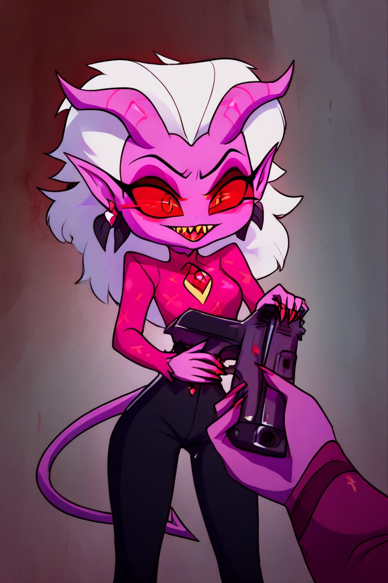 holding gun,Go do a crime,MayberryDemon, 1girl, demon, colored sclera, colored skin, pointy ears, horns, sharp teeth, red eyes, white hair, pink skin, demon tail,