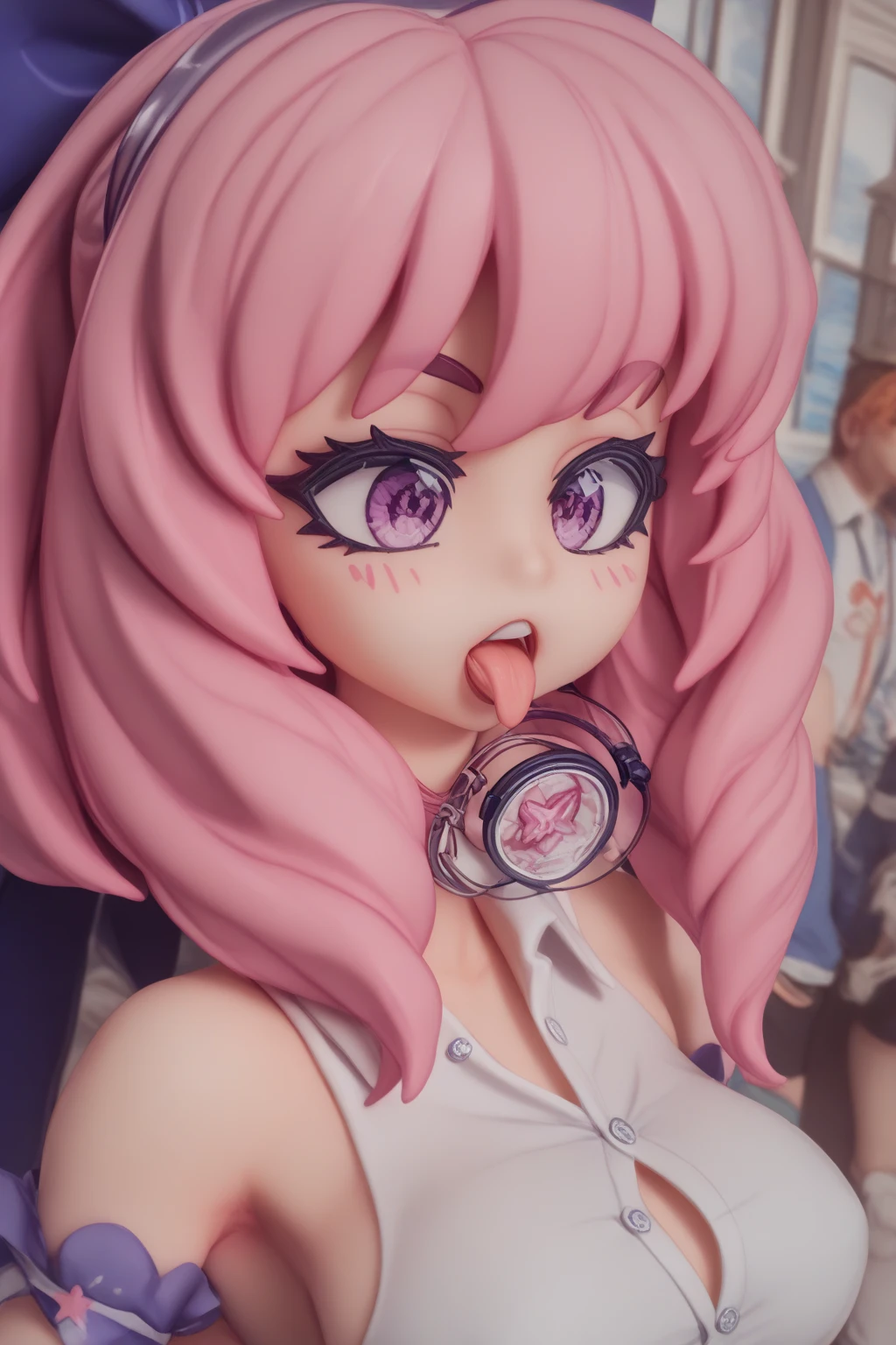 straight-on, upper body, BREAK
GAME_geiru_toneido_ownwaifu,www.ownwaifu.com,
geiru_toneido,red_nose, clown_nose, pink hair,brown_eyes, breasts,collarbone,cleavage,large breasts,long hair,bangs,eyebrows visible through hair,makeup,blush,thick thighs,blunt bangs,lips,lipstick,
rainbow_choker, pink_gloves, pink_shirt, pink_skirt, shirt, skirt, strapless, strapless_shirt, suspender_skirt, suspenders, buttons,elbow_gloves, frilled_shirt, frilled_skirt, frills, miniskirt, layered skirt,pink dress,
<lora:GAME_geiru_toneido_ownwaifu:1>, BREAK, official art,extremely detailed CG unity 8k wallpaper, perfect lighting,Colorful, Bright_Front_face_Lighting,shiny skin, (masterpiece:1.0),(best_quality:1.0), ultra high res,4K,ultra-detailed, photography, 8K, HDR, highres, (absurdres:1.2), Kodak portra 400, film grain, blurry background, (bokeh:1.2), lens flare, (vibrant_color:1.2),professional photograph, (beautiful_face:1.5),
