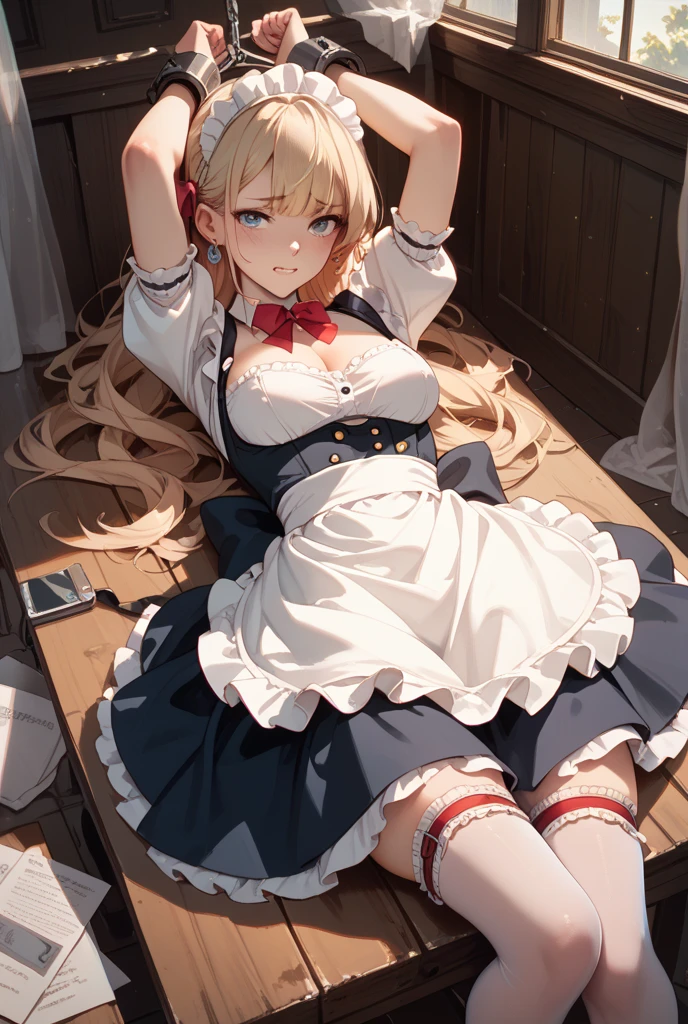 piperBS, 1girl, blonde hair, hair bun, blue dress, puffy sleeves, short sleeves, pink gloves, fingerless gloves, pink belt, shoes, blue footwear, cute and blushing 18 years old anime girl, look away because she is embarrassed and blushes, bright blue eyes, detailed face, detailed members, detailed arms, detailed hands, Girl lying, tied by ropes, shackled, can no longer move, tied tightly, very hard tied up with lots of ropes, hampered by so many ropes that she can no longer move, bound hands and feet, ropes tie his whole body, tied extremely tightly and forcefully to her bed by a lot of ropes, its limbs are strongly tied together by ropes, his torso is tied up with thick cords, her chest is so tied up with ropes that it sticks out, her legs are tied tightly with thick ropes, his hands are tied behind his back with ropes, she can no longer move her feet, her hands which are tied by thick ropes, she desperately tries to free herself, likes to be tied tight with big ropes, likes to be immobilized by big ropes, lying down, his hands and feet are strongly tied to the railing of his bed, his legs are pressed together and tied with ropes, its limbs are held vigorously by imposing ropes, her hands are tied securely behind her back by ropes, her chest is compressed by strong ropes, she is pressed against her bed and restrained by large ropes, (shibari, arms behind the back:1.4), (hands on the back), (masterpiece, best quality) 1.5, 1girl, solo, (sexy, beautiful woman, perfect face, perfect eyes, perfect hands), samus aran, (hands on the back), Spread the legs, s&#39; ((lie in bed by big ropes)), ((close up of the girl)), ((((lie in bed)))), ((((arms tied behind the back, Legs Tied,La fille est allongée sur le ventre, La fille est allongée sur le sol:1.5)))), ((((girl seen from behind:1.4)))), ((((girl lying down on her stomach:1.4)))), ((((Outstretched arms:1.5)))), ((((Detailed hands:1.5))))