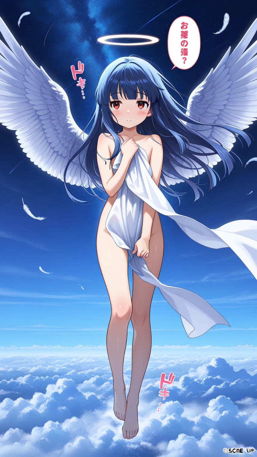 ((Highest quality)), ((masterpiece)), (detailed),((angel)),,cate , ultra realistic, stunning environment ,vibrant colors,13 years old, Black Hair,(Childish face),((Straight Hair)), shiny hair, Girl ,Medium Breasts, ((Naked)),（topless）,Big wings,((White Wings)), (A pair of wings) , ((Blue eyes)),half-smile , Sunlight, extreme_close_up, flying, (close_up) ,upper body ,(Cloud World), (In the sky),(Lots of bubbles),