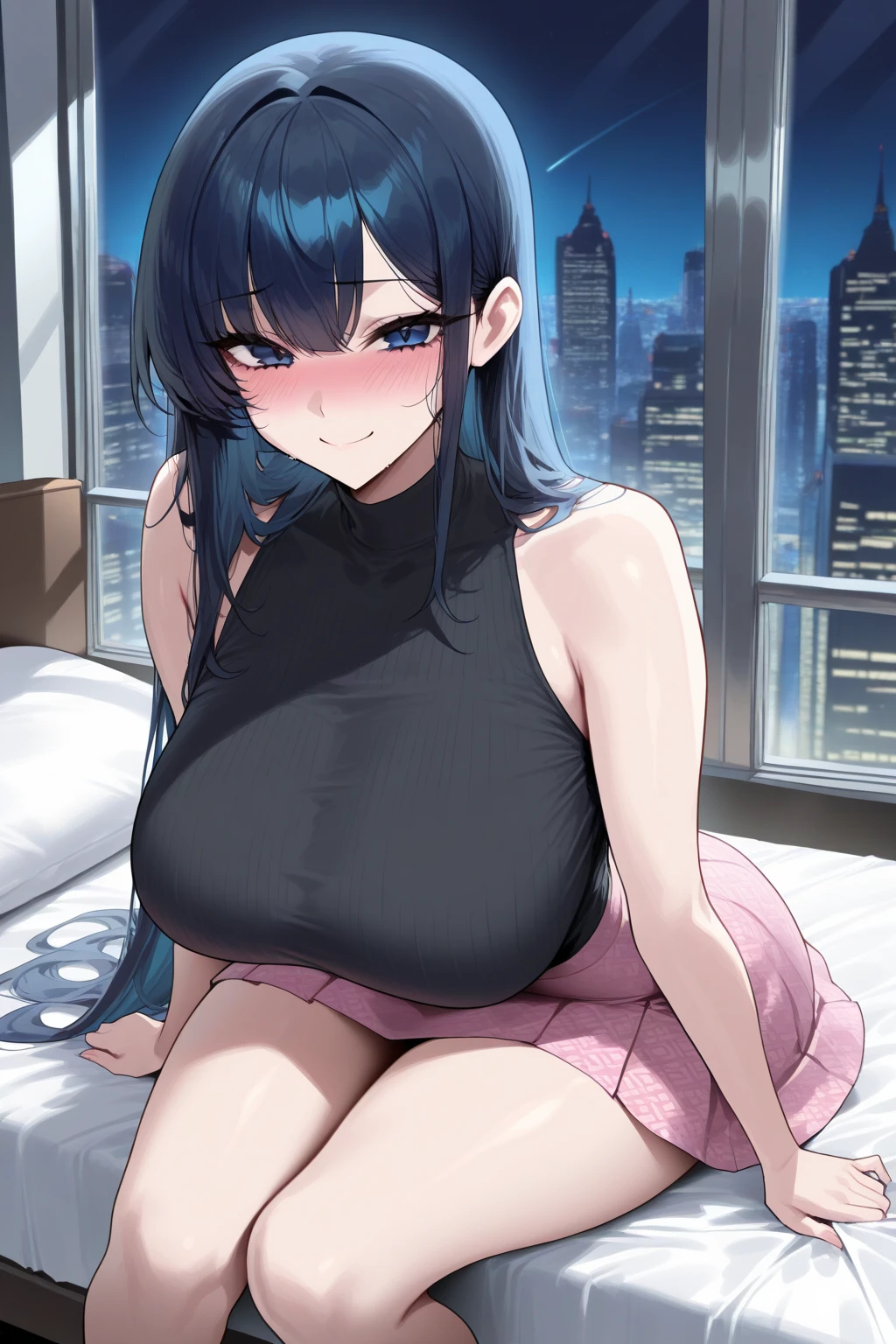 ((Masterpiece, best quality, high quality, highly detailed background)), ((hotel bedroom, indoor, city skyline big window view, (blue sky:1.3), on the bed)), ((lady_nagant, (mature female), short hair, streaked hair, medium hair)), ((large breasts, pregnant:1.3)), ((nude:1.3)), ((laying in bed, spread legs)), ((smile, blushing, looking at viewer))