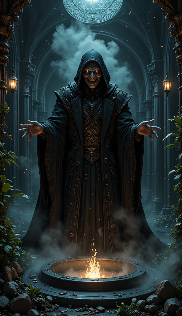 A skeleton wizard in black robes, performing a dark magic ritual while laughing evilly