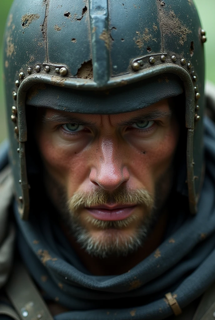 What Max Rockatansky's face would look like (from the movie mad max) Set in the Middle Ages and dressed in Polish Winged Hussar armor and in action pose (Front view without helmet)