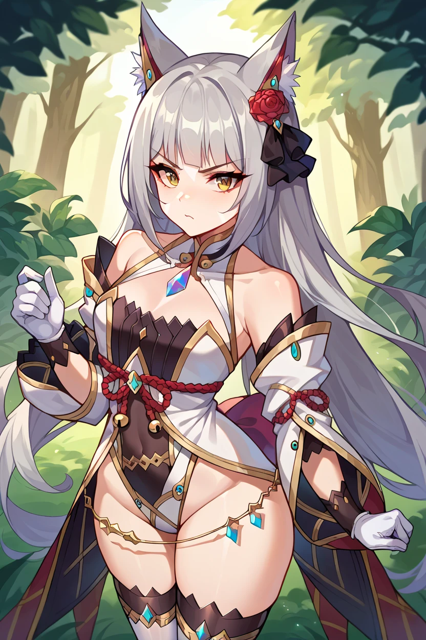 score_9, score_8_up, score_7_up, score_6_up, source_anime BREAK 1girl, solo <lora:nia-pdxl-nvwls-v1-000006:1> bldNia, cat ears, grey hair, low twintails, very long hair, blunt bangs, facial mark, hair ribbon, chest jewel, leotard, cleavage, detached sleeves, white gloves, white thighhighs, serious, forest, standing, hand on hip, looking at you