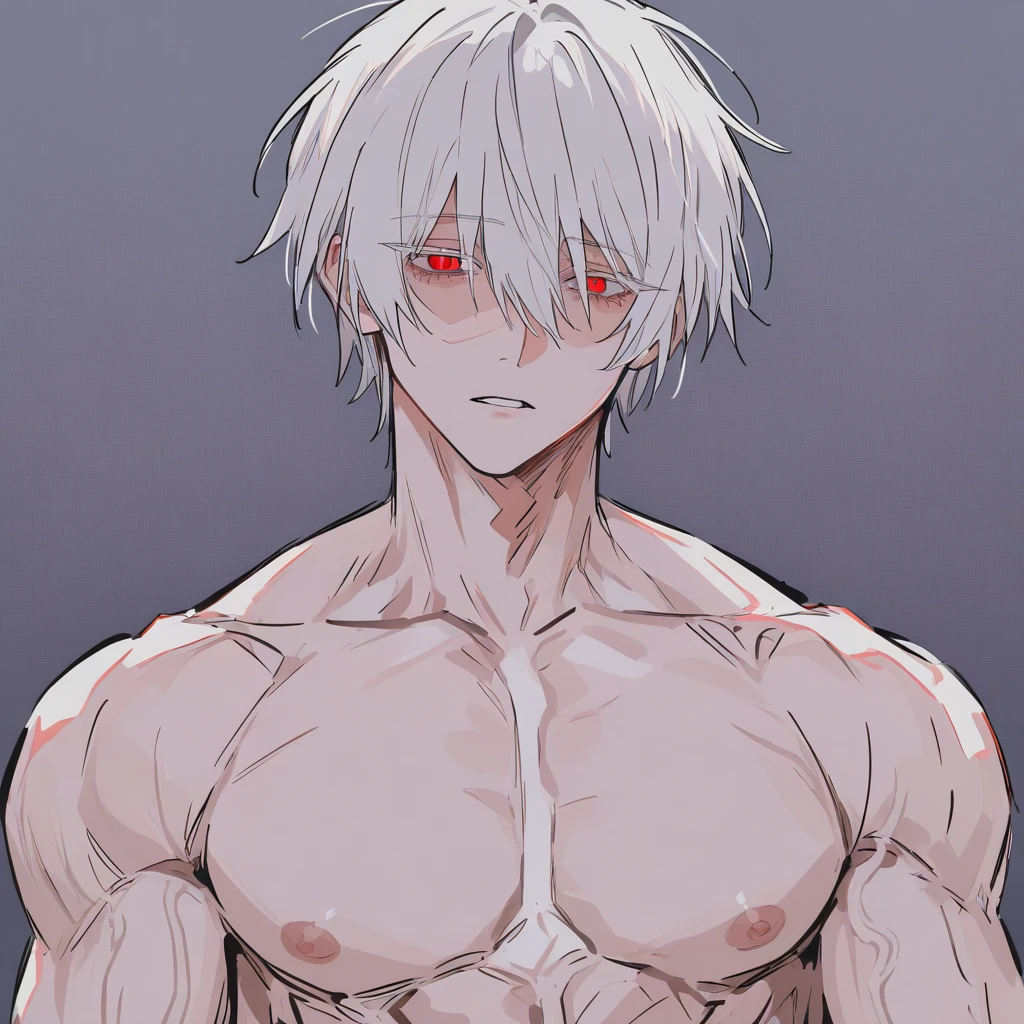 male、White Hair、Short Hair、Red Eye、Cold-blooded man、Handsome、Cold Face、Well-formed face、Well-built、Upper body naked、Physical Beauty、Tightened、Underwear with less fabric area、pants、pants1枚、pubic hair、Crotch hair(just a little)、Not hidden、Black underwear、Sexy、
