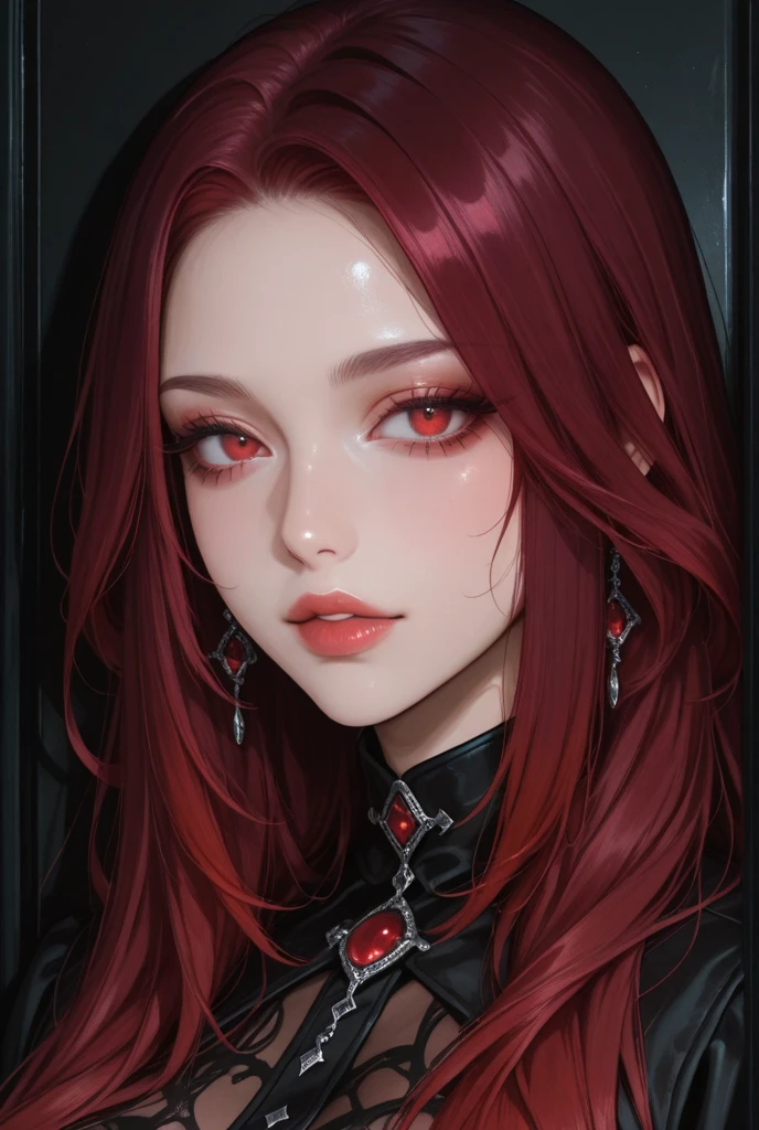 Mediterranean-looking face, mesmerizing green eyes, bold red lips, detailed pupils, blushing, slightly parted lips, (fiery red hair, cascading down in loose waves with a sensual touch), large cleavage, (medium shot)