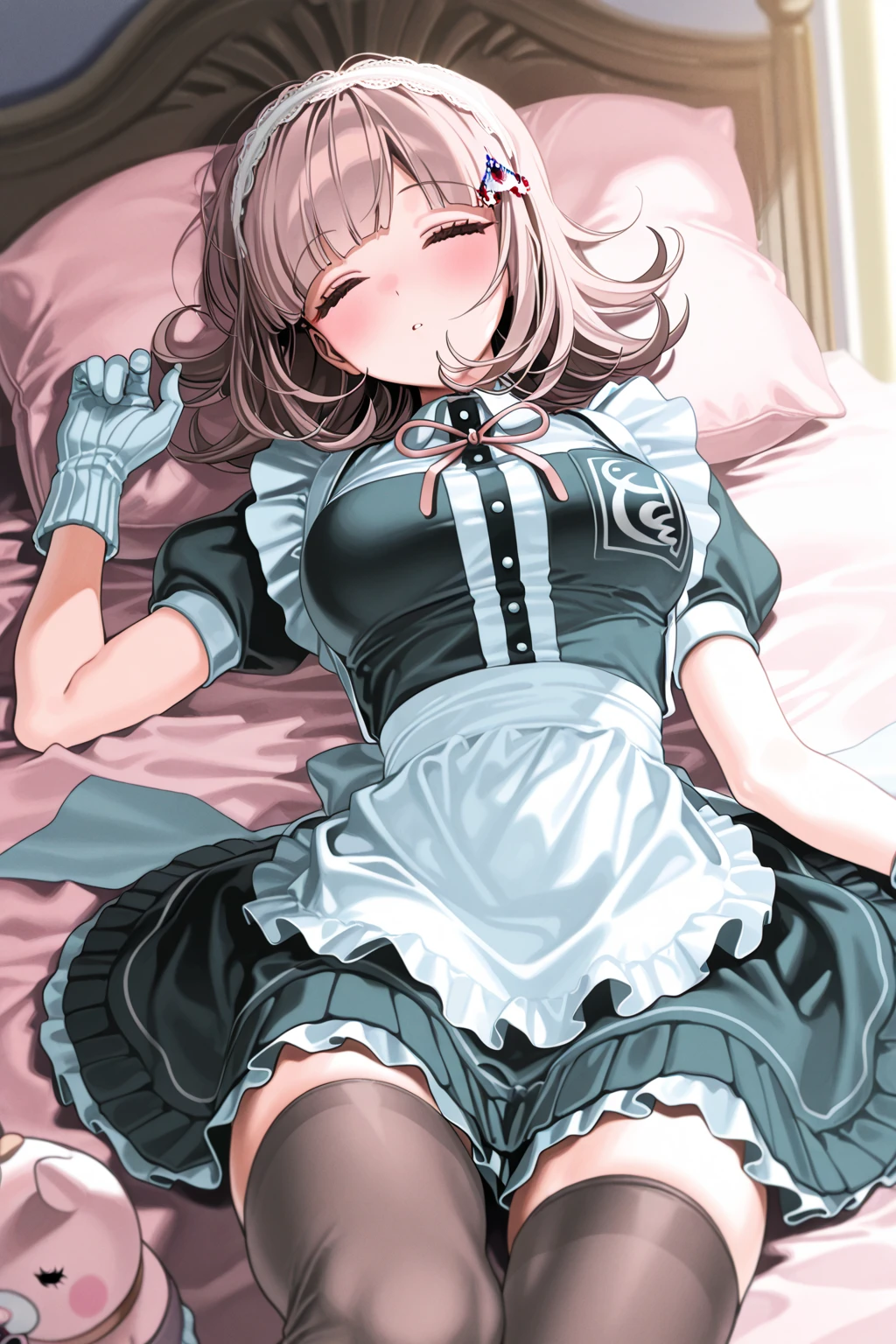 (Highest quality), (masterpiece), highly detailed, highly detailed face, Mature Woman, Nakano Ichika is asleep in bed wearing a small-breasted maid outfit, her skirt rolled up, and I'm pressing my hips against hers, making her feel like she's having sex with me., whole body, Eyes that are evenly shaped, She has a full head of pubic hair, Pink Hair, asymmetry short hair, Love juices entangled around the penis, A small cross-section of a uterus with a penis expelling semen in the background, Sleeping with both eyes closed,