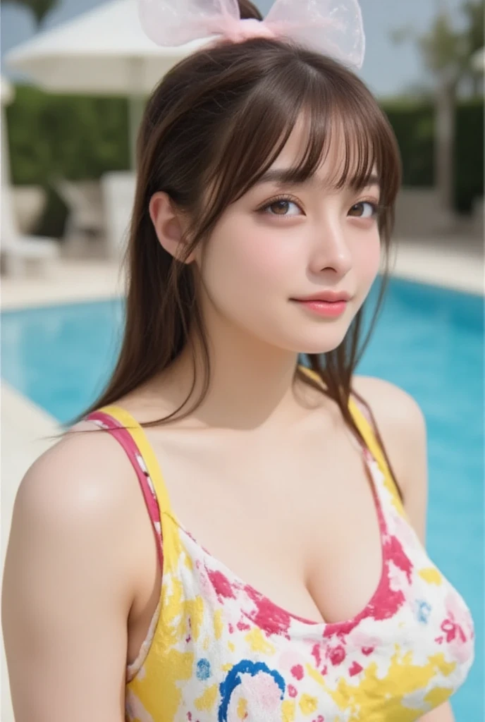 (Masterpiece, BestQuality:1.3), (ultra detailed:1.2), (hyperrealistic:1.3), (RAW photo:1.2),High detail RAW color photo, professional photograph, (Photorealistic:1.4), (realistic:1.4), ,professional lighting, (japanese), beautiful face, (realistic face), cute woman, (Big Tits:1.5), (cheerful Smile:1.35), Trending Hair&Trending Hairカラーをランダムに, earrings, necklace, bracelet, sexly, erotic sexly, Random sexy gravure poses, (A beautiful brown-haired woman in a floral dress、She is smiling and posing sexily at a lavish garden party.。:1.3)