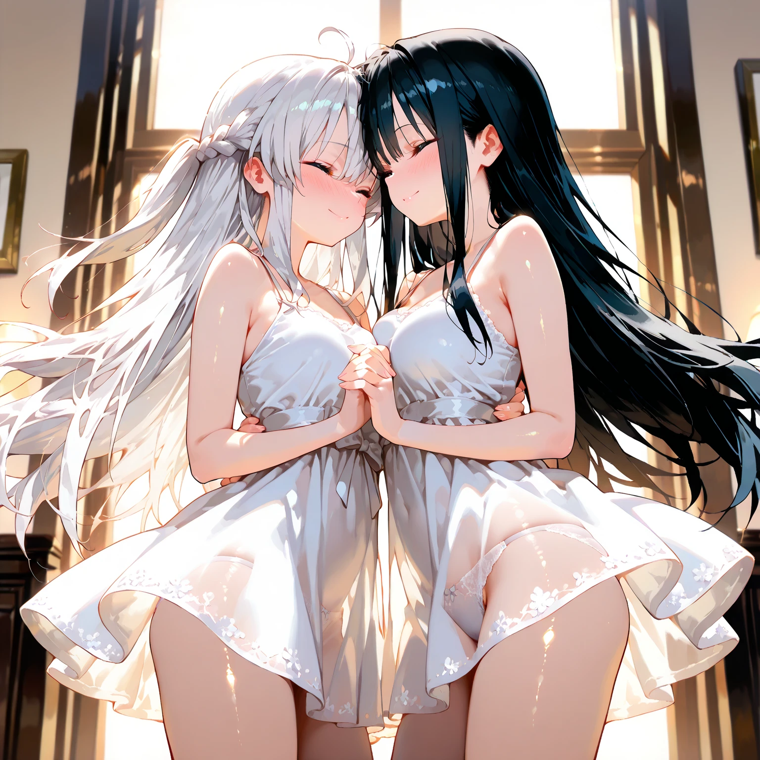 big breasts:1.2、、highest quality、very detailed、Very realistic eye masterpiece、highest quality、very detailed、gray hair、perfect face、long hair、white dress、sundress、lily、two girls、anime、countryside、hug each other、lie down