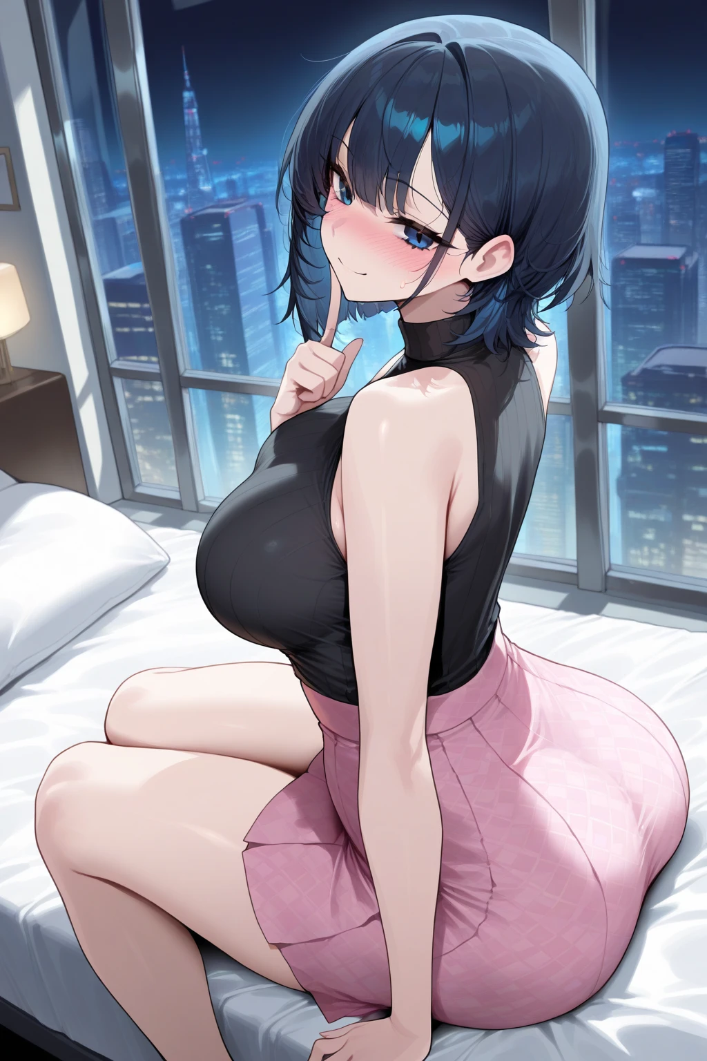 {lady with shoulder-length black hair named Rico}, business suits,tall,''short hair,lovestruck,grossy lips, (It feels like saying Hello, daytime hours), indoor,{going out style}, ((Heart-shaped choker) ), (office room), Bright background,purple eyes, Mole under the eye, Heart-shaped choker, ((Masterpiece)), Highly detailed CG Unity 8k wallpaper), Top quality,, Detailed background, beautifully detailed eyes, heart shaped pupils,hollow eyes, looking at viewer,(very delicate and beautiful)), ((beautiful) eyes (detailed description),extra large breasts, ,floating heart,sadistic smile,growing eyes,try to show me legs,sitting,black lace,shirts,earring,from ,stick out ass,tight skirt,thighhigh,put hands on skirt,glowing eyes,,garter,no sleeve,summer sweater,masterpiece,