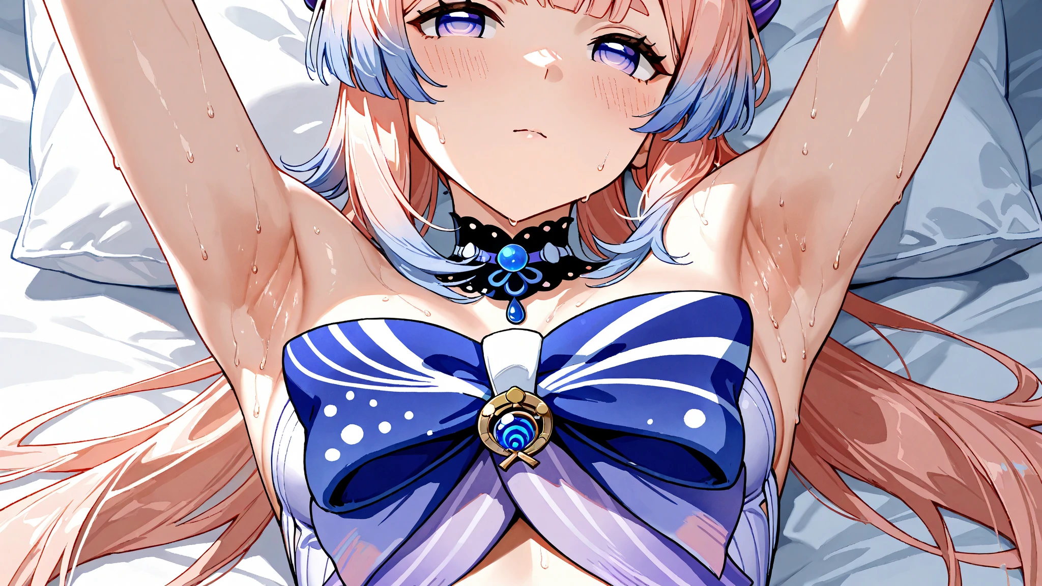 purple hair, rose eyes, short hair, white background, smoll stature, small butt, chibi, flat cheast, flat tits. medium thighs, bandaged legs, small breasts, 1 girl, one girl, small stomach, curvy waist, round butt, small belly, clear skin, 1 girl, cute girl, smoll tits, curvy waist, good butt, one girl, view from front, wedding dress, 1 girl, white dress, 1 girl, show pussy lokk at viewer, (panty pulling)