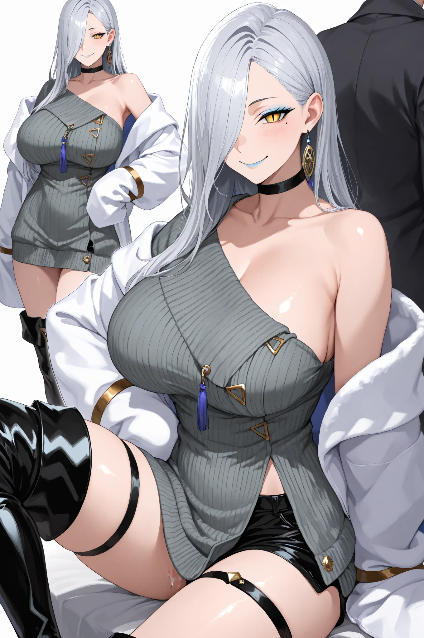 {best quality}, {{masterpiece}}, bikini_skirt Masterpiece, (best qualtiy), highly detailed, Ultra-detailed, Cold, 1girll, a beauty girl, stare, Red eyes, Beautiful detailed eyes, Long hair, White hair, Silver hair, Wing-like bangs, Dull hair, ahoge, Hair rings, Braid, alternate costume, Black pants, Breasts, full bodyesbian, hand on hips, Jacket, Large breasts, Long hair, view the viewer, Pants, Red eyes, (expressiveless), Simple background, Solo, standing, Very long hair, White background,