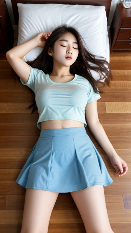 Stunningly Beautiful Korean teenager, tight short sleeve top, large breasts, long hair, short skater skirt, masterpiece, full body, eyes closed, laying down on back,