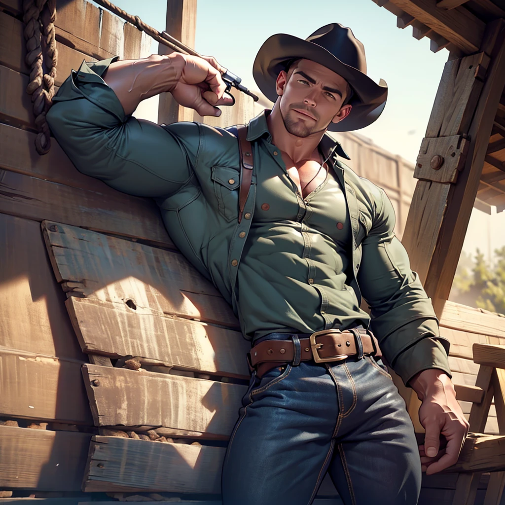Nsfw , naked solo man ,8k, high quality , detailed face , detailed fingers ,detailed muscles, detailed cock , stephen amell wearing a cowboy outfit , unbuttoned vintage pants, shirtless, showing balls and a hard cock, , wearing a vintage cowboy fancy hat , a vintage belt with gun ,showing a dark blond short hair , a thick facial hair , hard nipples, ,hunk and handsome, laying on his back in the hay in a stable , spread legs , volumetric lighting, Masterpiece detail stable
