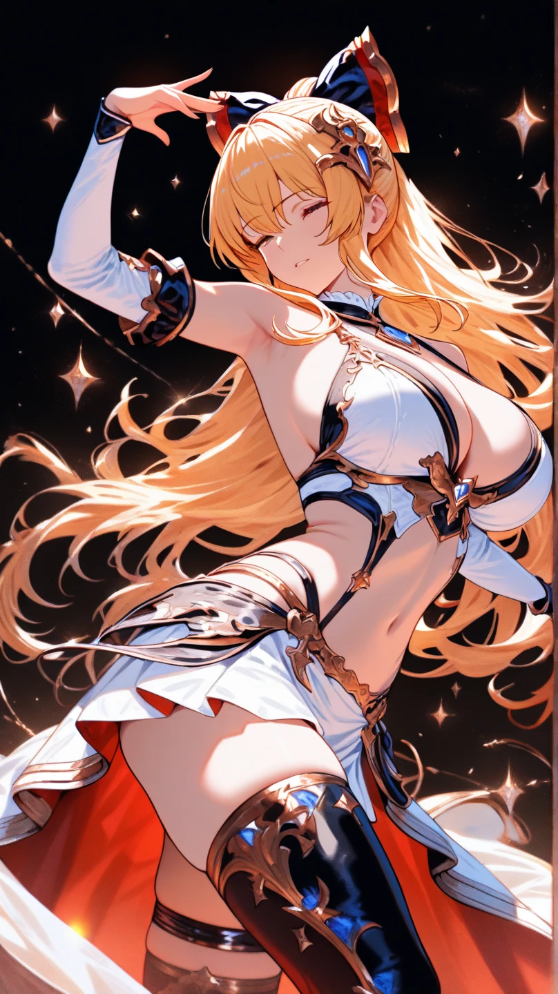 ((Highest quality、、masterpiece:1.3)), Upper Body、Long legs、Sharp focus:1.2, Beautiful woman with perfect figure:1.4、((Big Breasts:1.2)), (Big Breasts、Soft looking big ass、Feminine body 、Smiling:1.2), Face and skin texture crafted to the smallest detail、Fine-grained、double eyelid、25-year-old female、sexly、((((Cosplay、Isekai background、Fantasy、A world of swords and magic、Brave))))