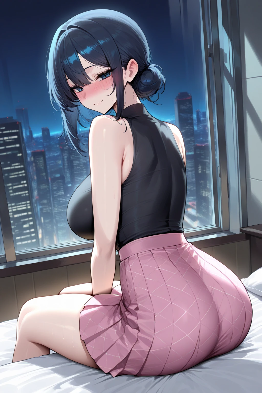 (shylily/(Twich/):1.5),(masterpiece:1.2),(best quality:1.2), whole body, Clear focus :1.2, Beautiful woman with perfect body :1.4, Slim abdominal muscles :1.2, ((Large Breasts :1.2)), Tights :1.1, (City night scene, Modern balcony :1.1), OL, office Wear, White T-shirt, Cleavage exposed, (Black pantyhose), (No panties), Interior scene, office