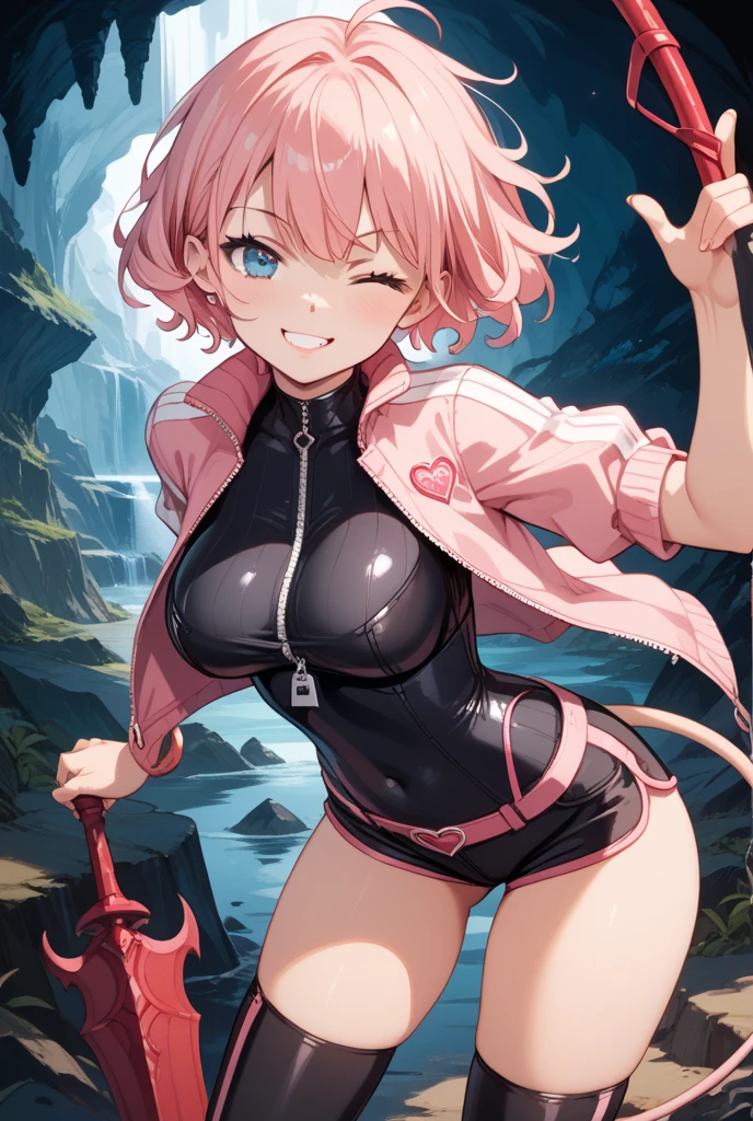 score_9, score_8_up, score_7_up, score_6_up, score_5_up, score_4_up, source_anime, 1 woman, pink hair,loose hair, white eyes, w-w-chain, spread arms, wet hair, sweaty shirt,bikini,thigh boots,blue boots,night, dungeon, best quality, best res, 4K UHD,