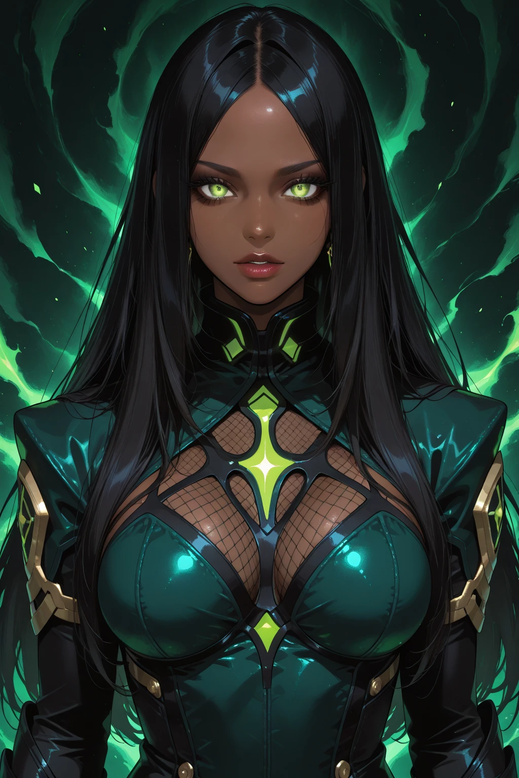 ((best quality)), ((masterpiece)), (detailed), absurdres, female, (colored skin), deep skin color, (black skin:1.2), pointy ears, (scales:1.2), thin, (huge breasts), (round breasts), toned, green eyes, makeup, (corrupted), (queen:1.2), spiky crown, xeno armor, (black armor), green energy, glowing energy, looking at viewer, smirk, solo, solo focus, <lyco:GoodHands-beta2:1>,