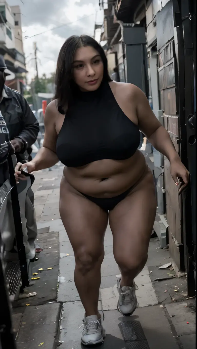 ((Nighttime - dark sky) - outside - quiet Indonesian neighborhood - near the housing complex security guard post:1.75), ((Chinese-Indonesian:1.25)), very beautiful 40 yo fleshy Milf, slim waist, (fair complexion:1.25), very beautiful, hair with bangs tied-back in ponytail, (micro-sportsbra:1.55), (short micro-sportsthong:1.75), (massive breasts under the tanktop:1.45), (I have thick milf's arms:1.85), curvy - no muscles, fully clothed, (sneakers), (front view - I'm jogging:1.5), (at evening night), (full-body - head to boot), anusha cleavage, busty, voluptuous, thick, curvy model body, body dents, visible lips, plump, fleshy juicy hips, glossy sweaty skin, 🤬❤❤️‍🔥💦🍑, juicy lips, plump red lips, fantasy character art, (scene: 1girl with multiplenudist!male, ((shady Jakarta alleyway) - 1girl is surrounded by beggar ((oldblackmen:1.5))), (surrounded by nudist!beggar & (nude burly homeless-men with huge massive penis)), BREAK, about to get raped, absurdres, high res, ultrasharp, 8K, professional photograph, award-winning portrait, masterpiece, high detail full-body view, symmetrical, Nikon D850, 85mm lens, f/1.8, depth of field,  