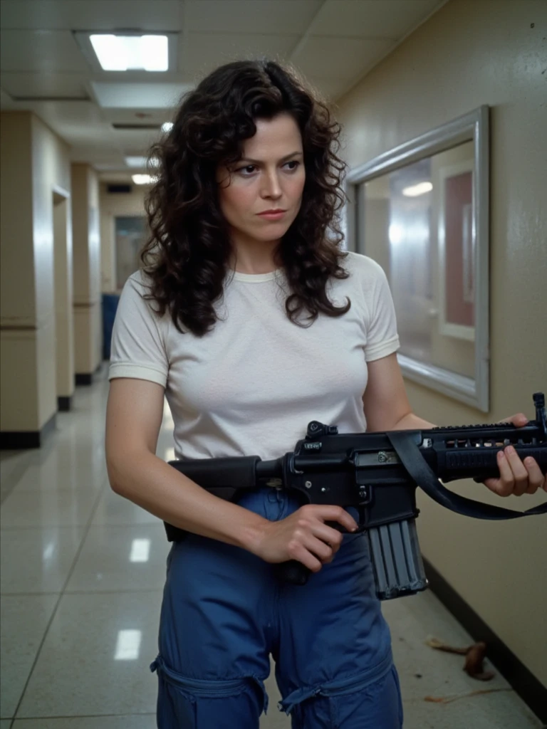 cinematic photo, young kate_beckinsale, smiling, as a female soldier, very long hair, smirk on face, wearing a pink and white satin bomber jacket,  m16, rifle, holding m16 rifle with both hands, series, gun, (Snake plissken) (solid snake) (metal gear solid),, suburban neighborhood at night