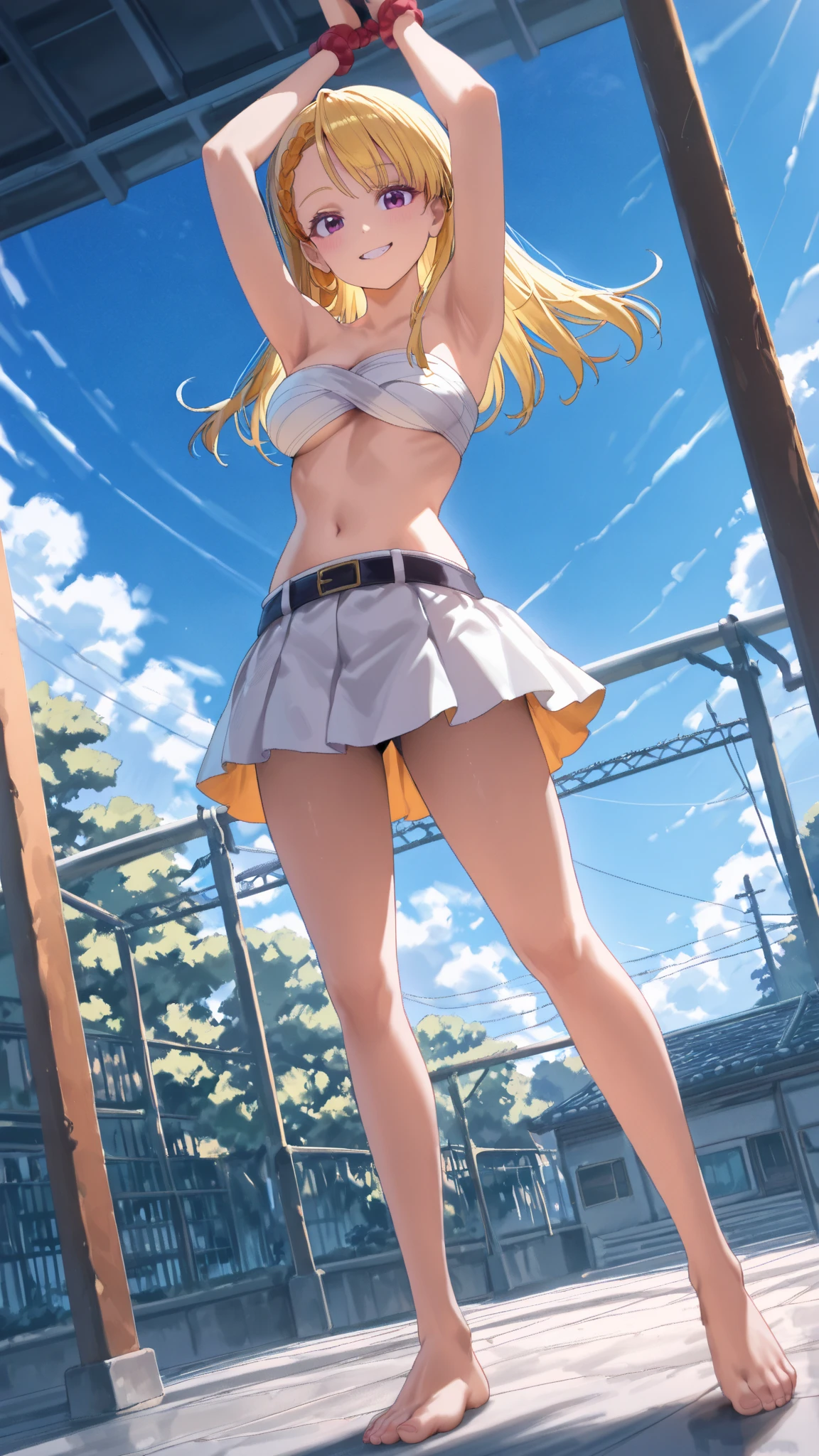 A beautiful mid-twenties woman with long, blonde hair up in a bun. She has big, blue eyes and delicate features, with a confident and dominant expression. She is wearing a tennis skirt with no top, revealing her nacked boos. She is squating in a reavealing pose. The background shows a tennis court, and her outfit is sporty. The scene shows her whole body in action, rendered in a highly detailed digital painting style. The focus is on vibrant colors, dynamic lighting, and artistic details, capturing the energy and motion of the moment