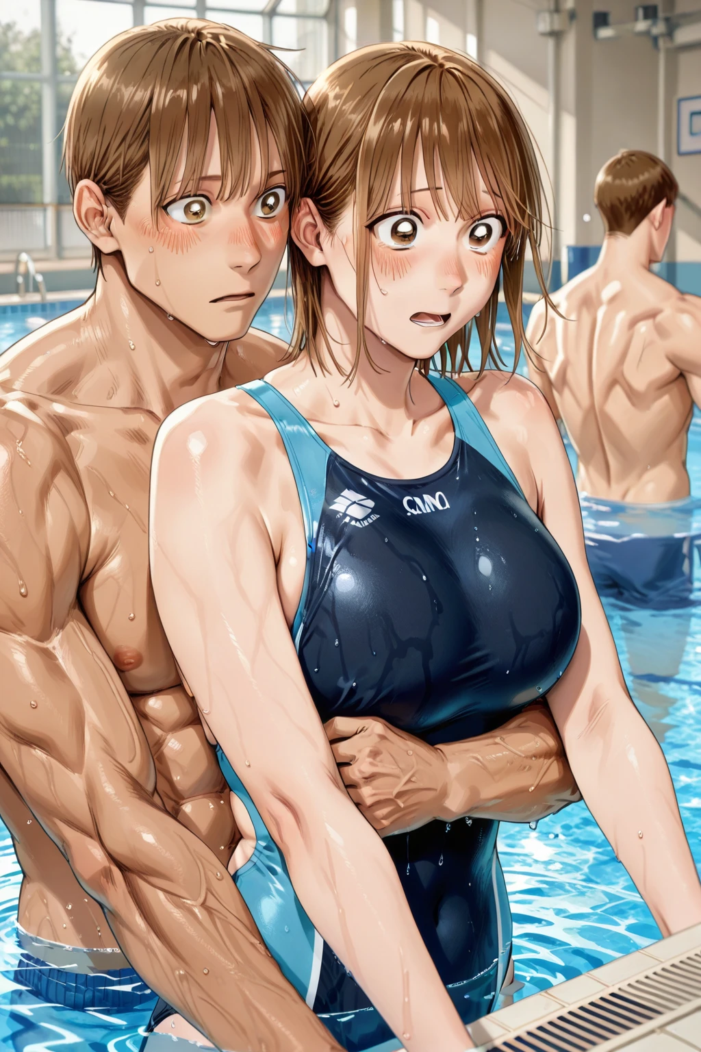 ((​masterpiece))、((Top image quality))、((top-quality))、(((Illustration of one woman)))、(((Muscle Girl)))、full body Esbian、((30-years old))、((neuter))、((twin tails with orange hair))、Red Eyes、((Long body))、(((perspiring)))、((Steam wafting all over the body))、((Body wet with sweat))、(((Muscular and strong body)))、((Split abs))、(((muscular and thick arms)))、(((muscular and thick thighs)))、((manspreading))、((Sports Swimwear))、Sitting on a deck chair、in poolside