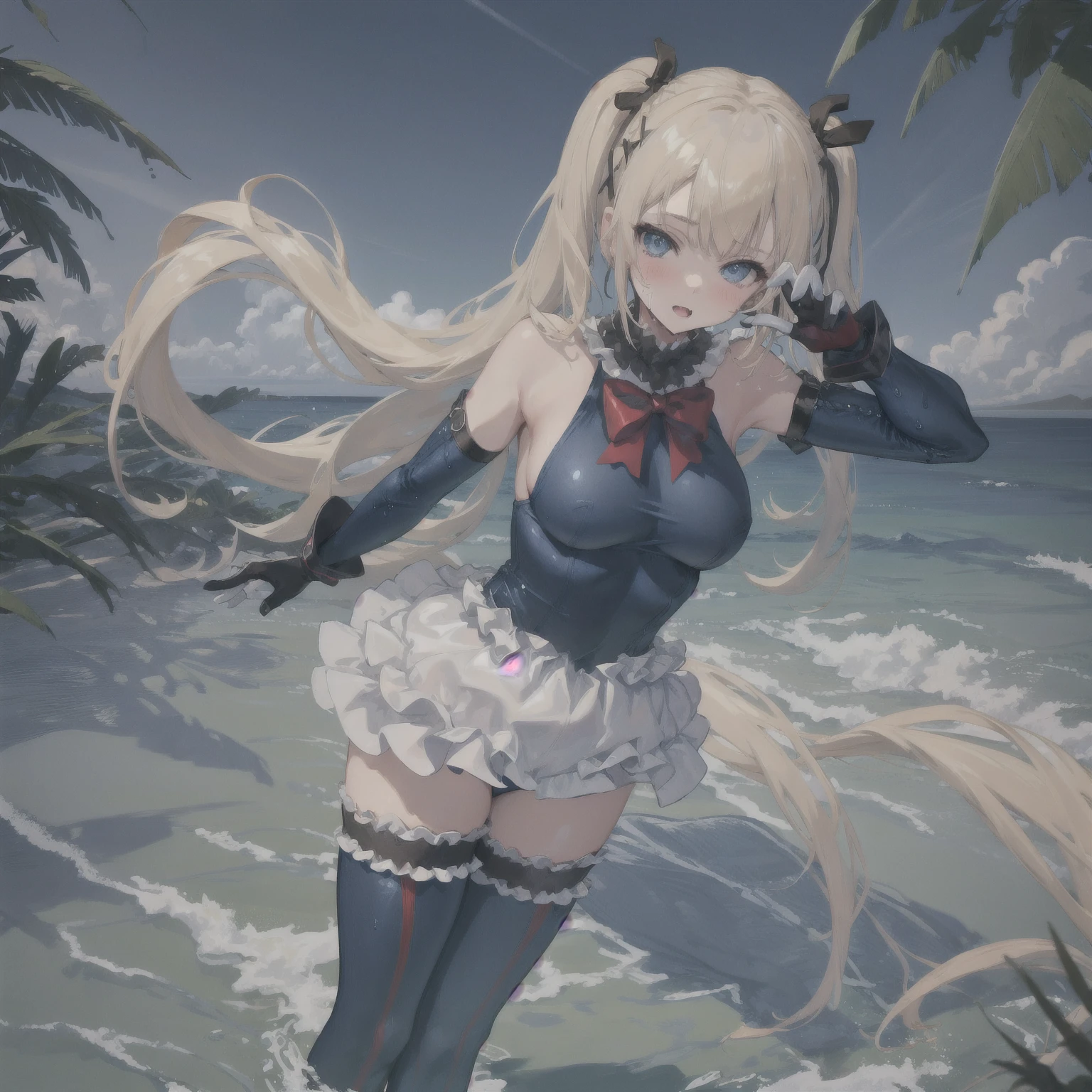 masterpiece, best quality, very aesthetic, absurdres, floating hair,1girl, looking_at_viewer,full_body, kneeling,on beach,sea,cloud,summer,
marie_rose(dead_or_alive), dead_or_alive_5,1girl, long_hair, twintails, blonde_hair,x_hair_ornament, athletic_leotard, bodysuit, bow, bowtie, covered_navel, fingerless_gloves, frilled_leotard, frills, highleg_leotard, red_bow, red_bowtie, skin_tight, sleeveless_turtleneck_leotard,thighhighs, dress,
