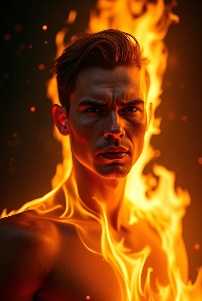 Handsome young male with fire bander, shirtless wet body, ultra HD, hyper detail, cinematic color schame, dramatic action, photo for adult magazine cover