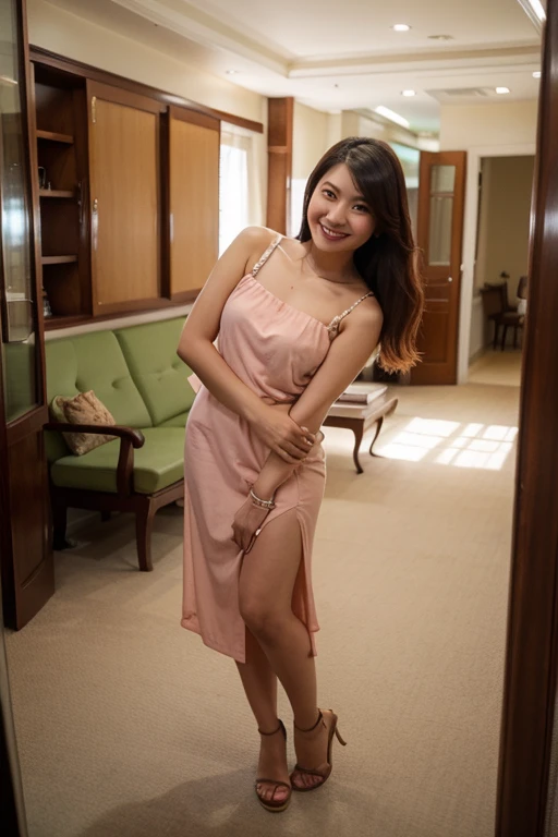 A Bogor city married georgeus woman, a sundanese woman, house mother, head two children, 37 years old, very slim body, straight thin black hairs, little eyes, white pale skins, wearing one piece sundress, wearing rubber sandals, very realistic, very detail, in the sunny morning, pink bra visible through her dress, siting down straddel spread wide legs, no panty, hairy vagina exposed, she is waiting for you to make love affair,