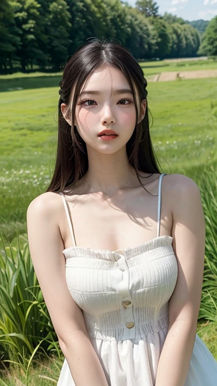 Ghost girl, beautiful girl, blown hair, huge breasts, wearing a bare-shoulders thin t-shirt, sexy post, in the white forest.