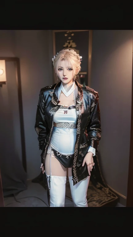 best quality, masterpiece, photorealistic, 1girl, solo, standing, cowboy shot, (looking at viewer:1.2), closed mouth, lynette cosplay, dress, cosplay, animal ears, blonde hair, short hair, collar, long sleeves, pantyhose, blonde hair, black pantyhose, gloves, lace-up boots, tail, cleavage, simple background, <lora:genshin_Lynette_cosplay_v1:0.65>