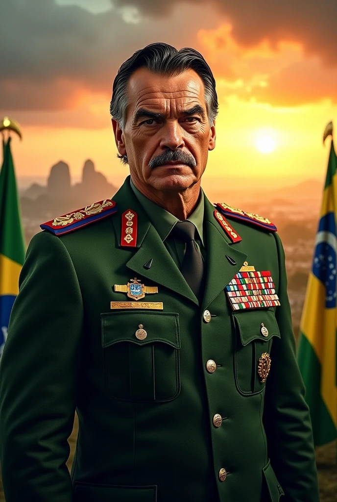 A realistic and detailed portrait of a Colonel of Roman descent in the Brazilian army, around 40 years old with the face of an aggressive person. He has a very muscular and wide body, with military black and gray hair on the sides, and a thin scar on his face like a mark of bravery, He has a smooth mustache. He is wearing a high-ranking olive green uniform of the Brazilian Army officer, adorned with medals and decorations. The background features a Brazilian Army office, with books and flags of Brazil and the Integralist Blue flag, The wall also has a photo of 2 Brazilian dictators and a realistic coat of arms., which contributes to the atmosphere of authority and respect. The Colonel is sitting in a comfortable armchair., Breathing wisdom and strength, and appears as a respected and esteemed leader