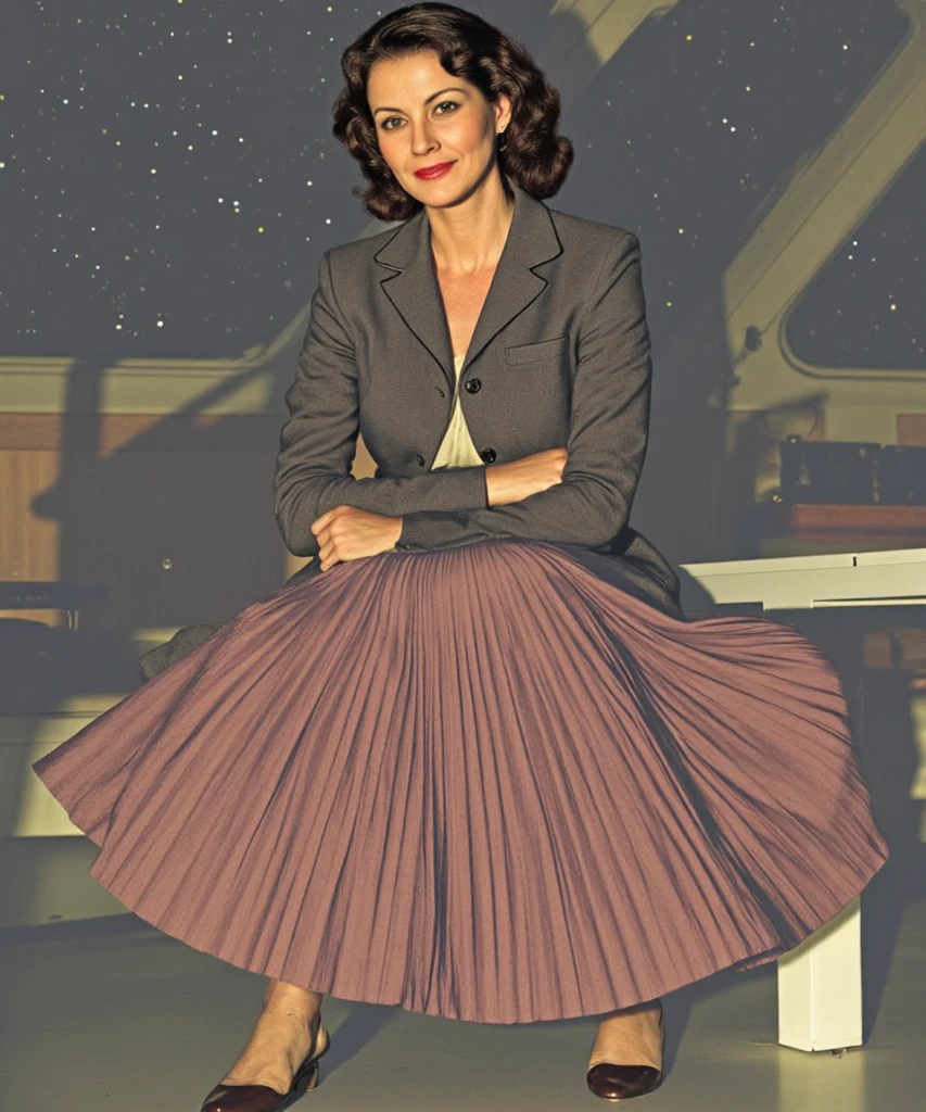 beautiful brazilian, (((round face shape with soft features, prominent cheekbones, delicate jaw, slightly rounded chin, medium forehead with natural, wavy hairline))), (((black hair color, ((小柄)) ((curlies)) with volume))), natural, full eyebrows. (((relaxed pose, sitting on a high stool, cross legs, A slight smile, side look))). (((Wide medium shot, showing the character from the thigh up, gray textured background in photo studio))). highy detailed, age 25, (((large, expressive eyes in dark brown color and tone))). (((Long nose at base, gently curved bridge, rounded nostrils in harmony with the face))). plump, well-defined lips, with volume natural, dark pink tone. high resolution, work of art. Pele realista Fitzpatrick V, with a natural golden tan, some soft freckles on the cheeks and nose. curvy and athletic body, typical of Brazilian women. ((Wearing an elegant silk blouse and a pencil skirt)). Excellent quality, extremely detaild, sharp focus, ((shooting with Canon EOS R5, lente RF 50mm f/1.2L USM)), Proportionate Body, fotorrealism, fot (film grain) (((Studio lighting with soft light, creating light shadows and a cozy atmosphere))) Em primeiro plano